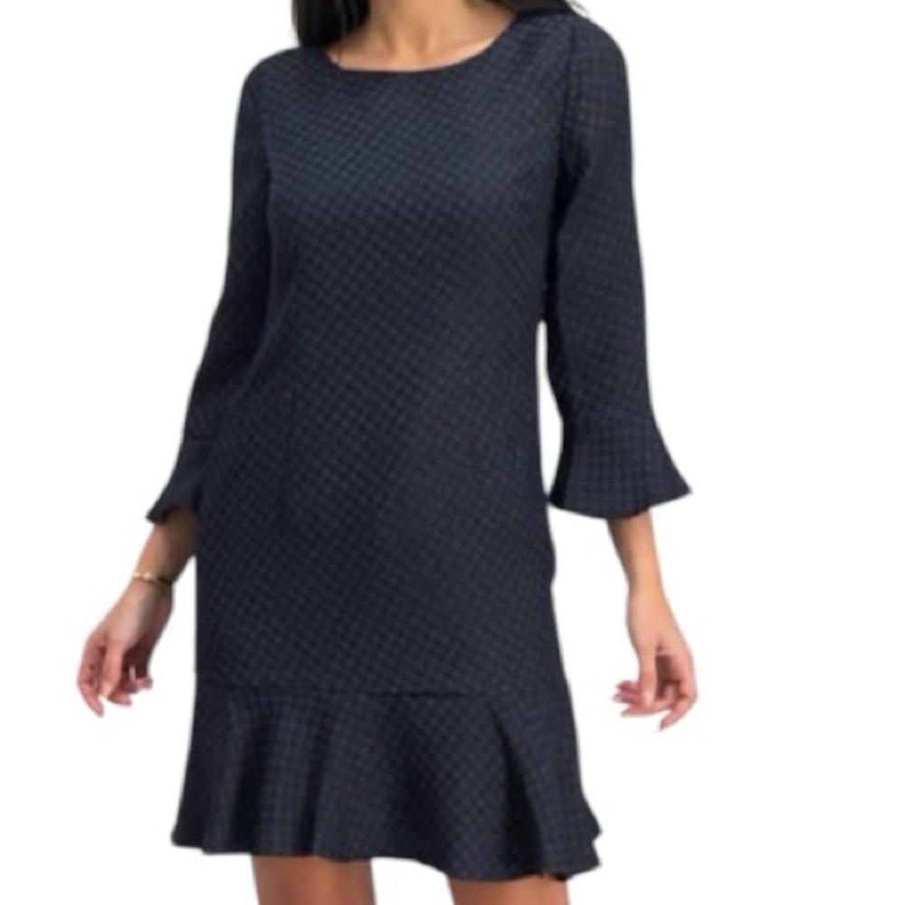 Karl Lagerfeld Dark Navy Blue A-Line. Textured Dress with Bell Sleeves Sz 6